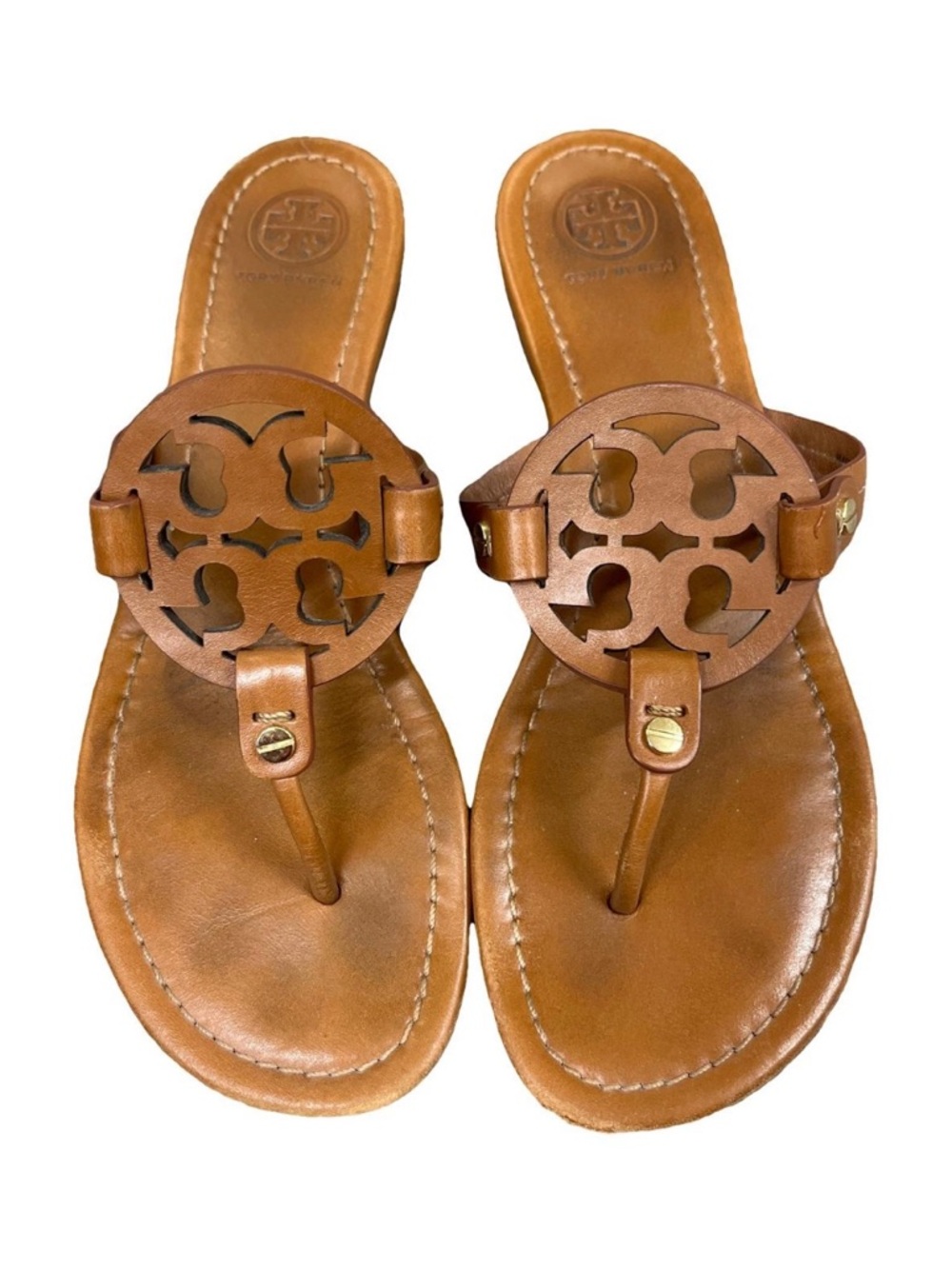 Tory Burch Tan Brown Leather Miller Logo Thong Sandals